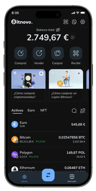 Interfaz principal de la wallet mostrando el portafolio de criptomonedas