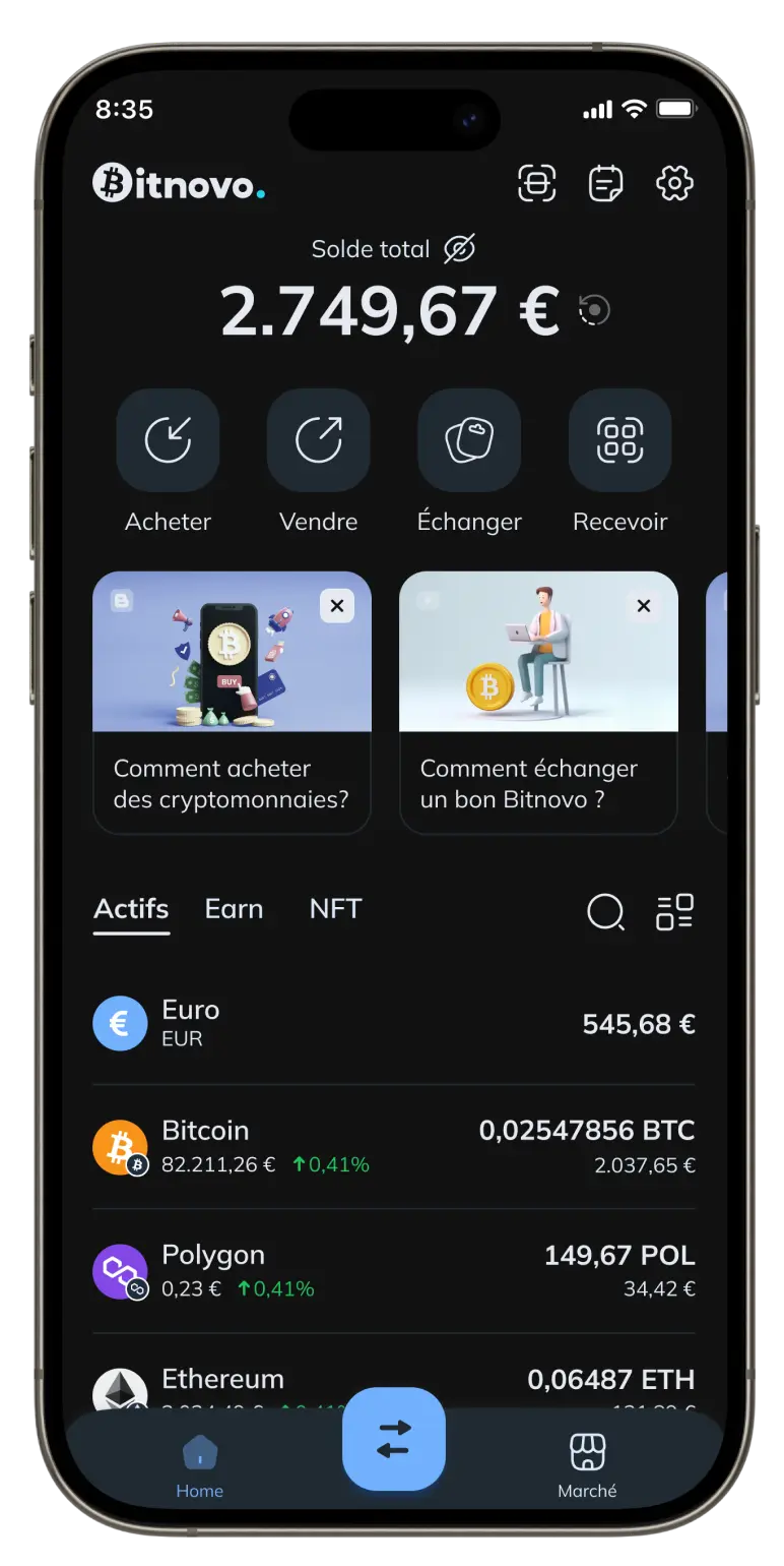 Interface principale du portefeuille affichant le portefeuille de cryptomonnaies