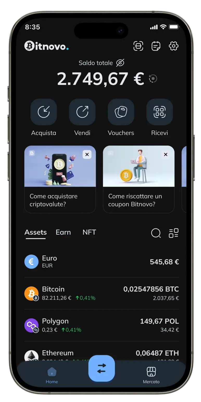 Interfaccia principale del portafoglio che mostra il portafoglio di criptovalute