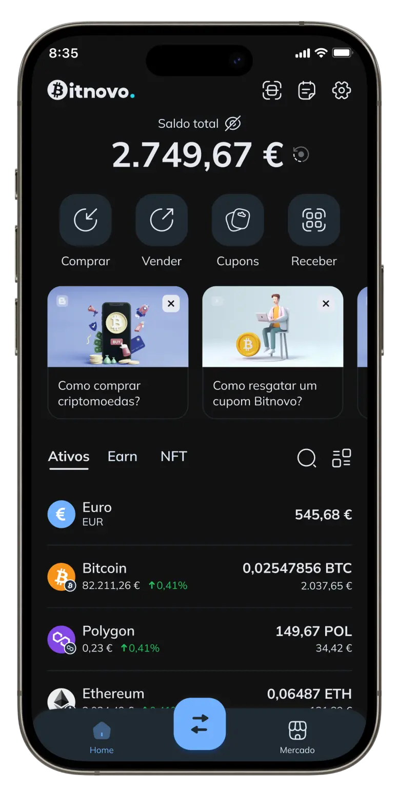 Interface principal da carteira mostrando o portfólio de criptomoedas