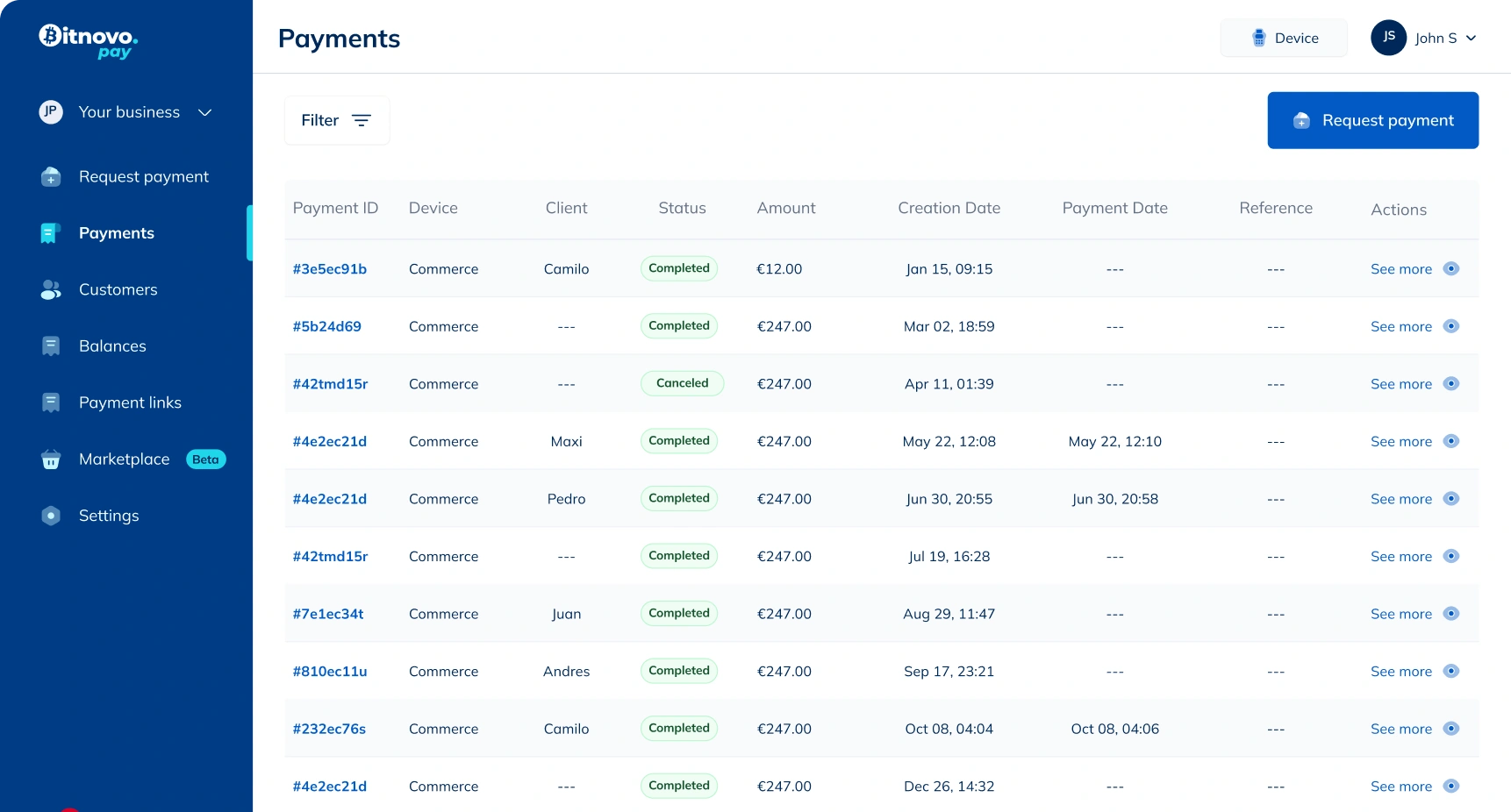 Tableau de bord Bitnovo Pay - Gestion des paiements en cryptomonnaies