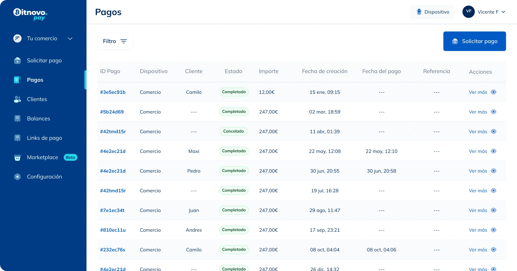 Panel de control de Bitnovo Pay - Gestión de pagos en criptomonedas